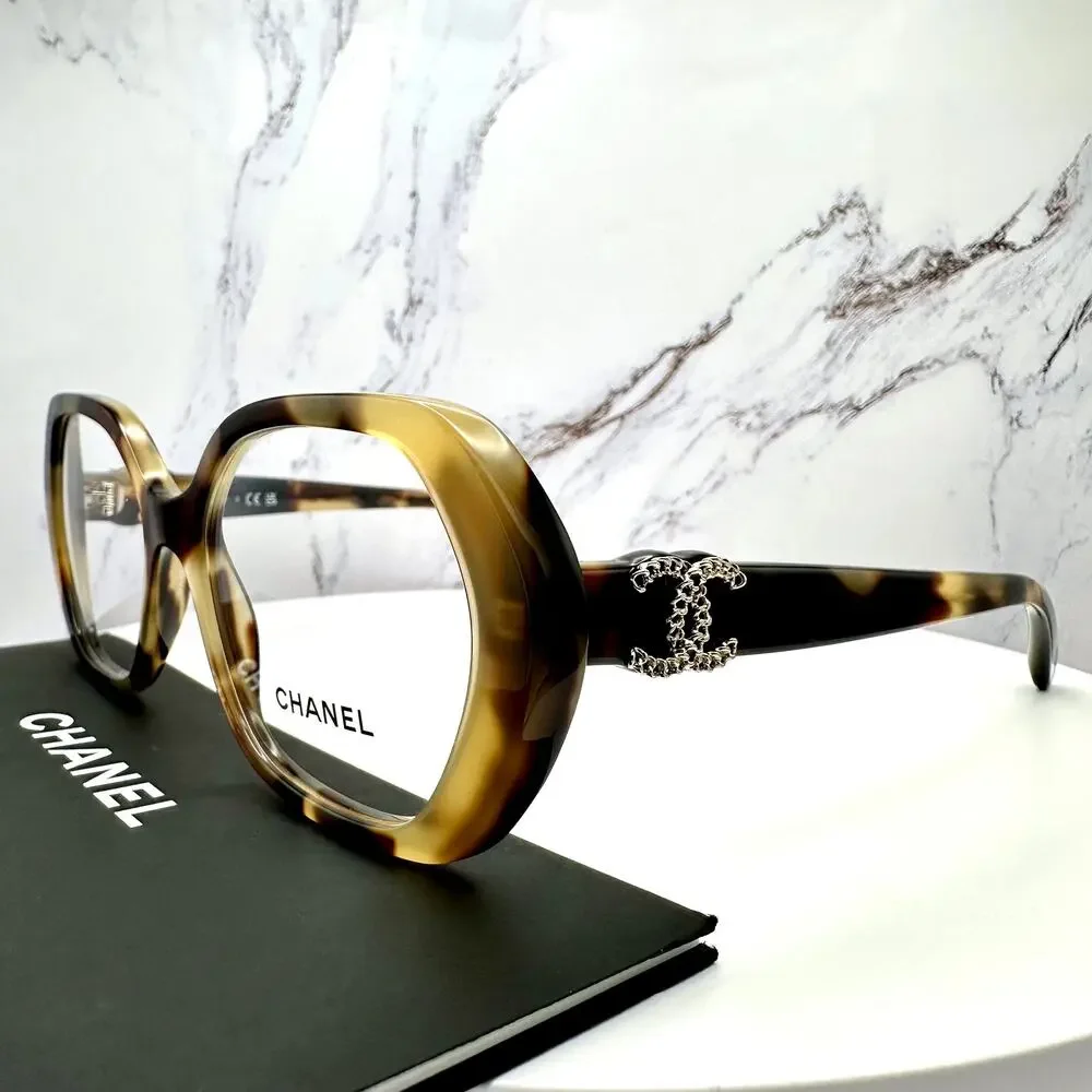 New CHANEL Eyeglasses Brown Gold Chain CC Square Acetate Womens - Picture 4 of 16